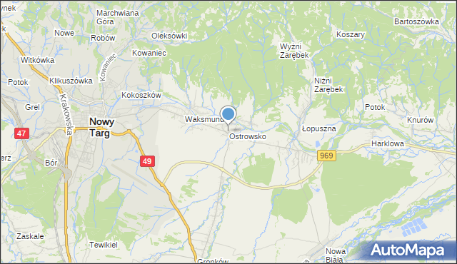 mapa Ostrowsko, Ostrowsko gmina Nowy Targ na mapie Targeo